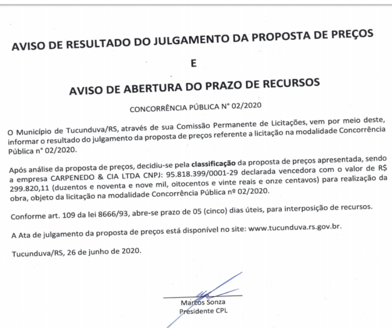 CNC 02_2020 AVISO DE RESULTADO DO JULGAMENTO DA PROPOSTA DE PREÇOS E DE ABERTURA DO PRAZO DE RECURSOS
